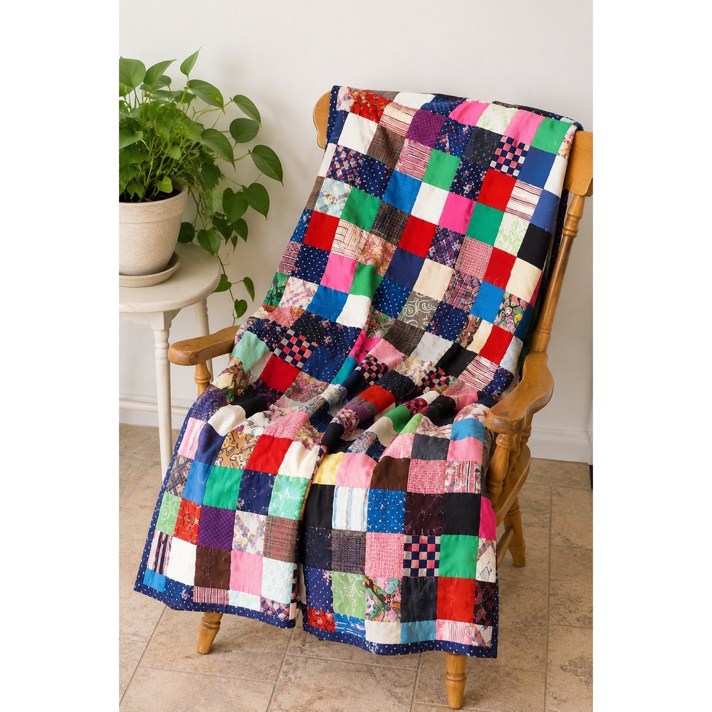 Vintage Handmade 1970s Polyester Memory Quilt Throw Patchwork Funky Retro 59x68